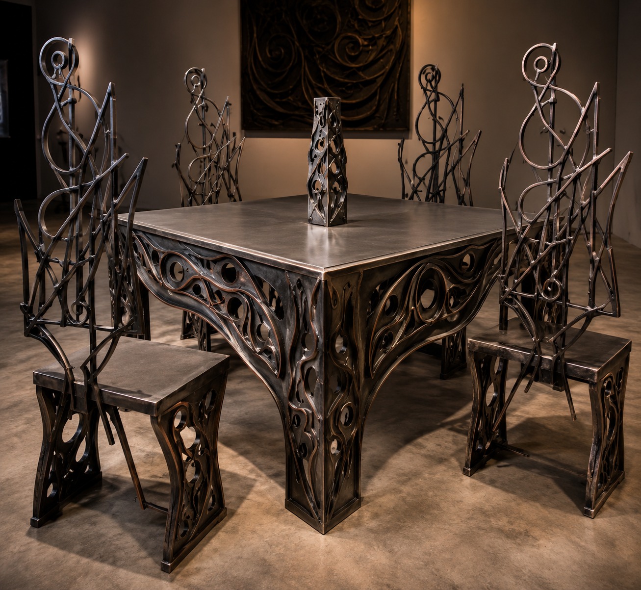 Ensemble de table et chaises sculpturales A. Ziani en métal